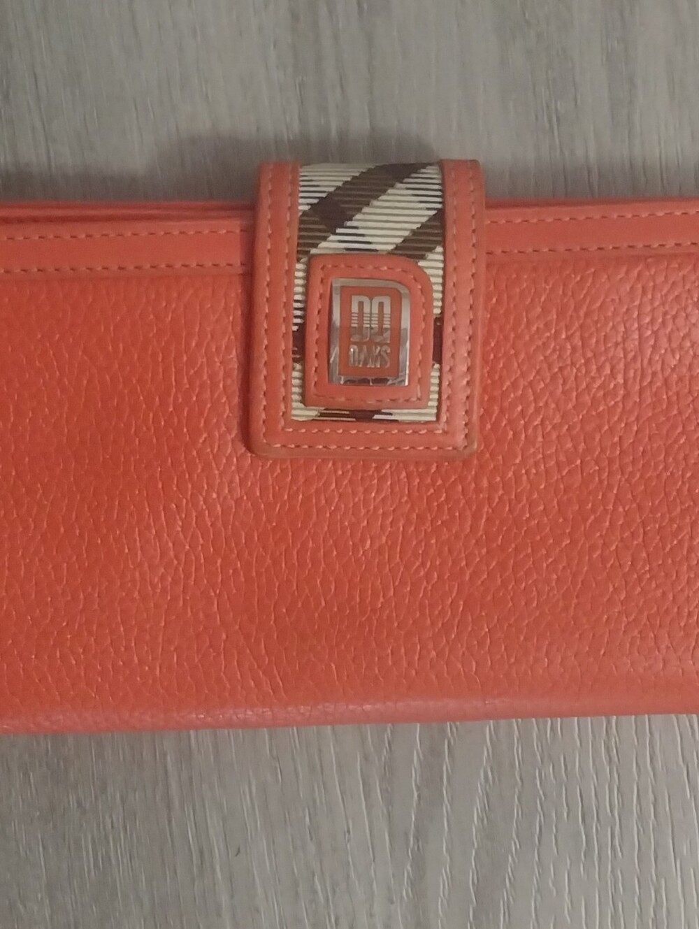 DAKS Orange Leather Clutch Wallet with Plaid Tab